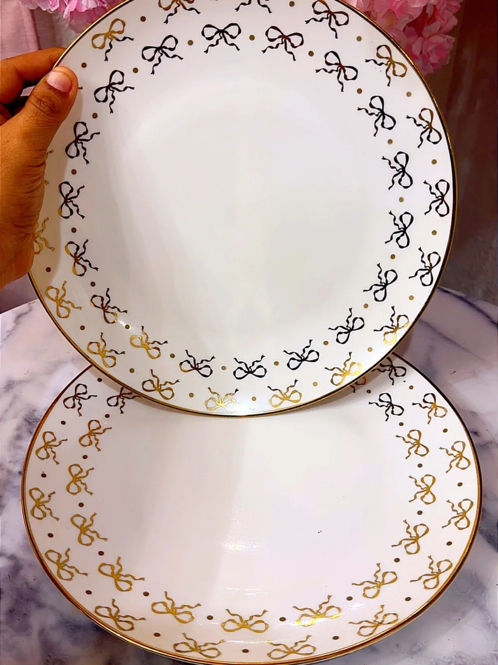 6 Elegant White Porcelain Dinner Plates with Gold Bow Accent